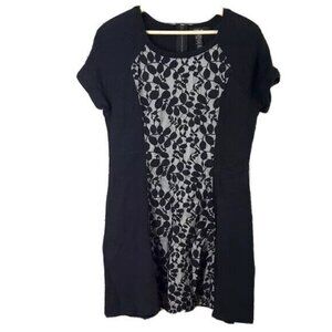 Style & Co. Womens Shift Dress Black Medium Gray Back Zip Lace Panel Floral